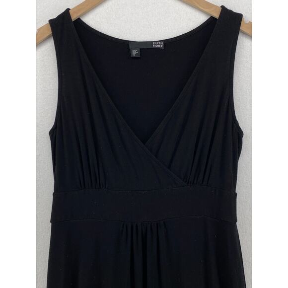 EILEEN FISHER Dress XS Stretch Rayon Jersey Surplice Tank Maxi Shirred Black USA - Picture 4 of 16